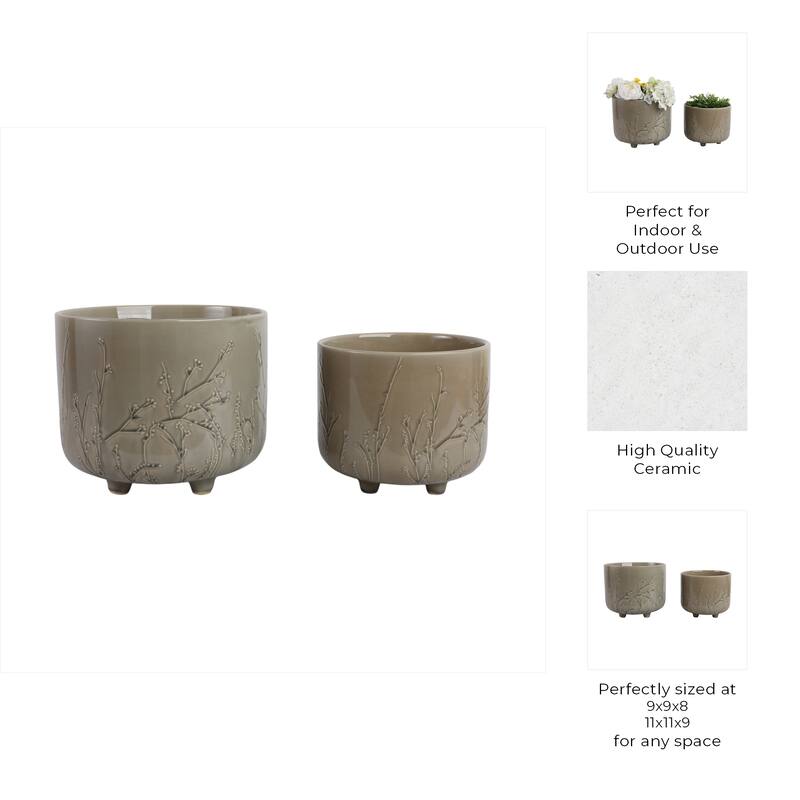 Ceramic Stoneware Planter with Raised Botanical Texture Footed Base