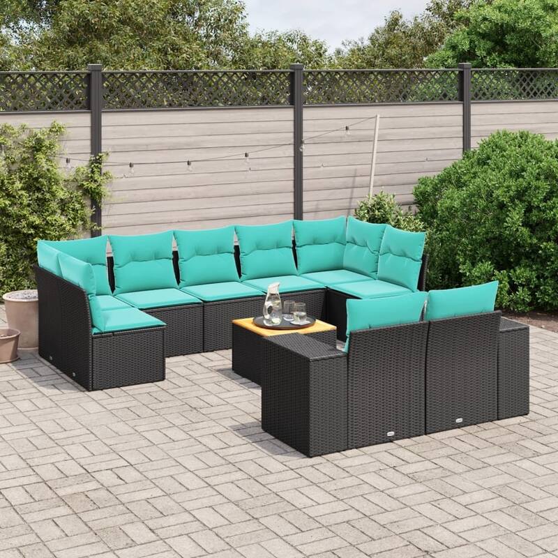 vidaXL 10 Piece Patio Sofa Set with Cushions Black Poly Rattan - 24.4 x 24.4 x 27.2 - Black-5x middle + 2x corner + Table