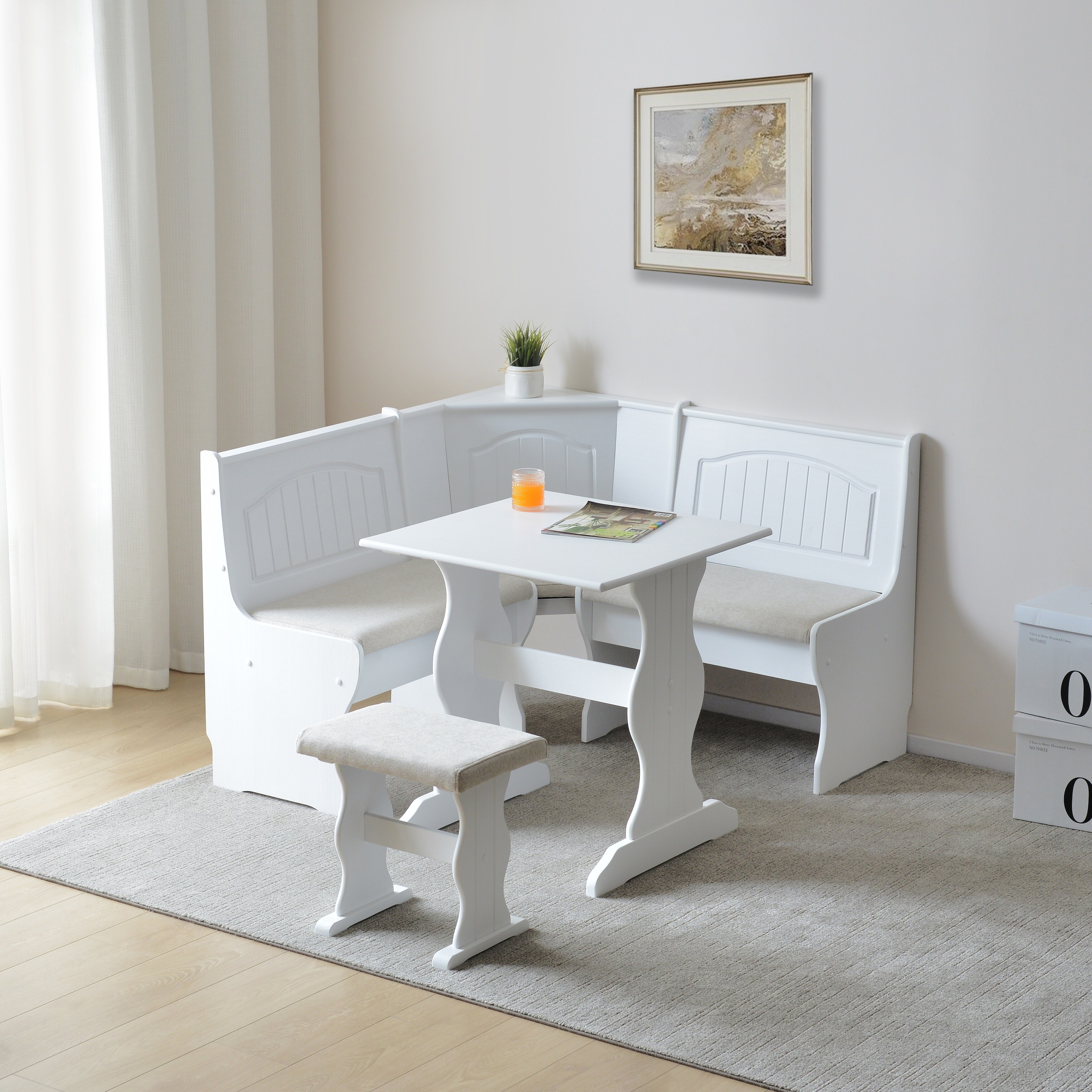 MUSEHOMEINC Modern Design 3 Pieces Solid Wood Breakfast Nook Corner Table Set with Side Bench Hidden Storage Dining Set White