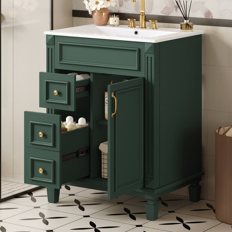24" Bathroom Vanity with Ceramic Sink, 2 Drawers and Adjustable Shelf