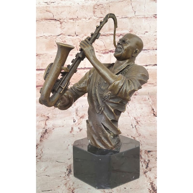 Black African American Saxaphone Player Jazz Musician Bronze Marble Statue 10 Inches X 9 Inches