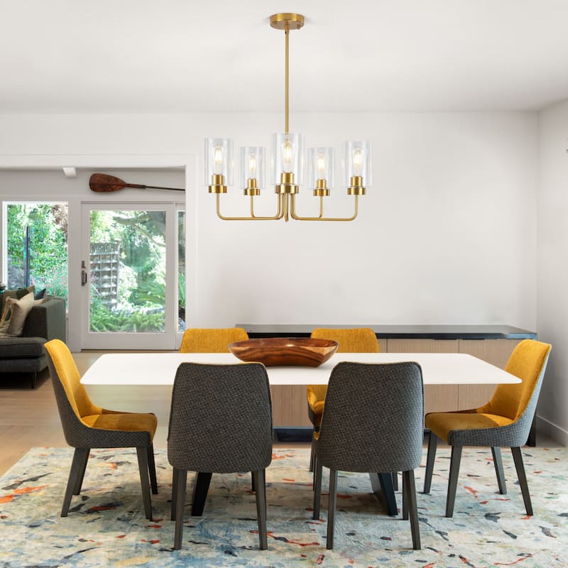 5-Light Hanging Linear Chandelier Lighting Fixture Foyer Pendant with Glass Shade for Kitchen Island