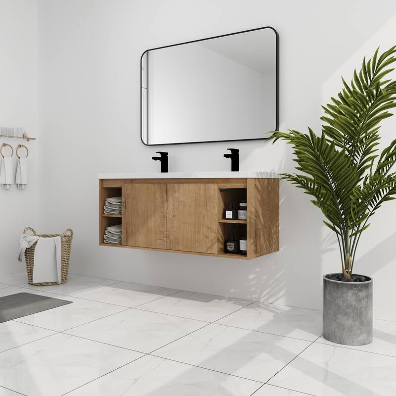 GDFStudio - Landon Modern 48 Inch Wall-Mounted Bathroom Vanity with Double Resin Sink and Soft-Close Doors - 48 inch