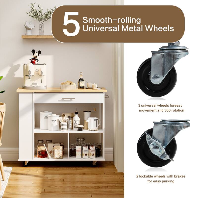 Kitchen Island with Towel Rack – Mobile Cart with Rubber Wood Top, Easy-Glide Storage