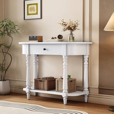 Console Table with Curved Corner, Retro Entryway Table with Top Drawer