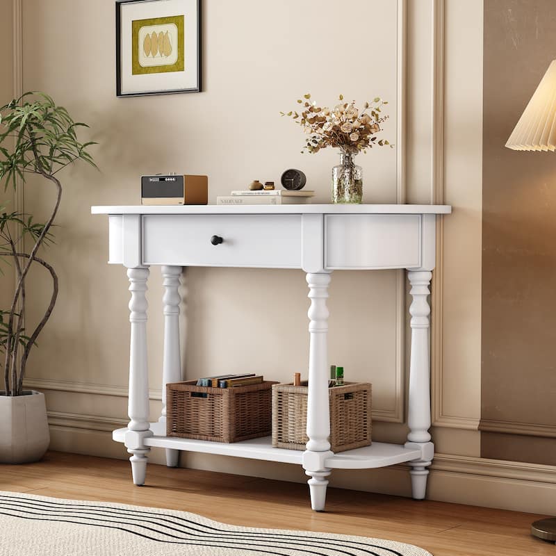 Corner Curved Console Table Sofa Table with Top Drawer and Open Shelf, Wood Entryway Table with Spindle Shape Legs