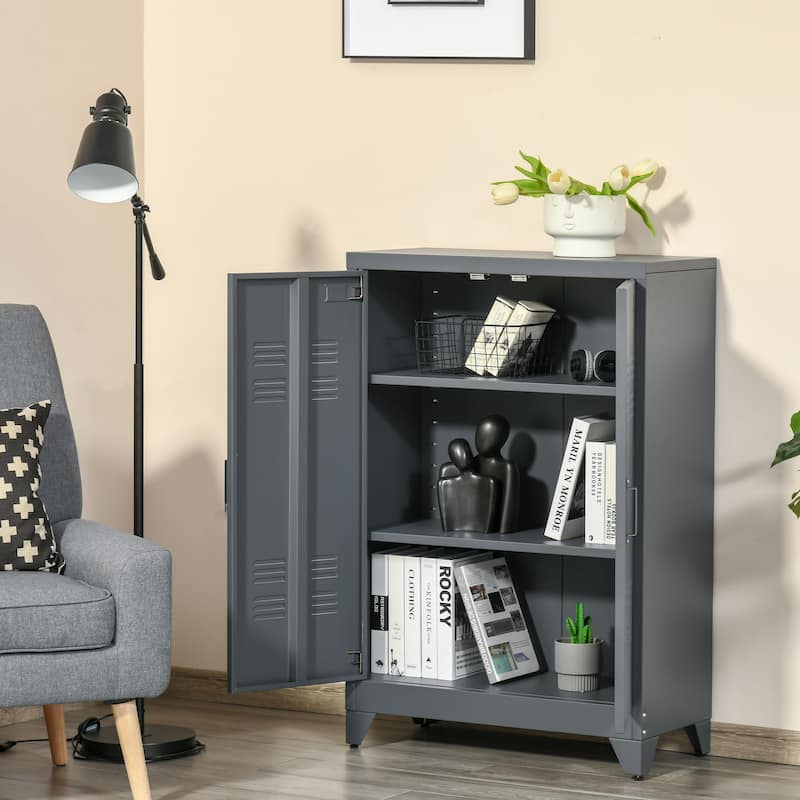 HOMCOM Industrial Style Steel Storage Cabinet, Metal Storage Organizer with 2-Tier Adjustable Shelves for Living Room or Home