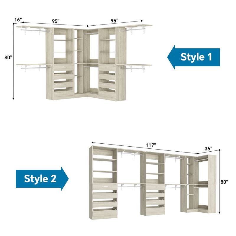 Set of 3 Closet Organizer with 10 Hanging Rods, Adjustable 132'' Corner Closet System with Tower Shelves