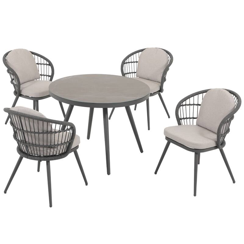 Piece Rope-Woven Aluminum Outdoor Dining Set with Ceramic Tabletop Round Table
