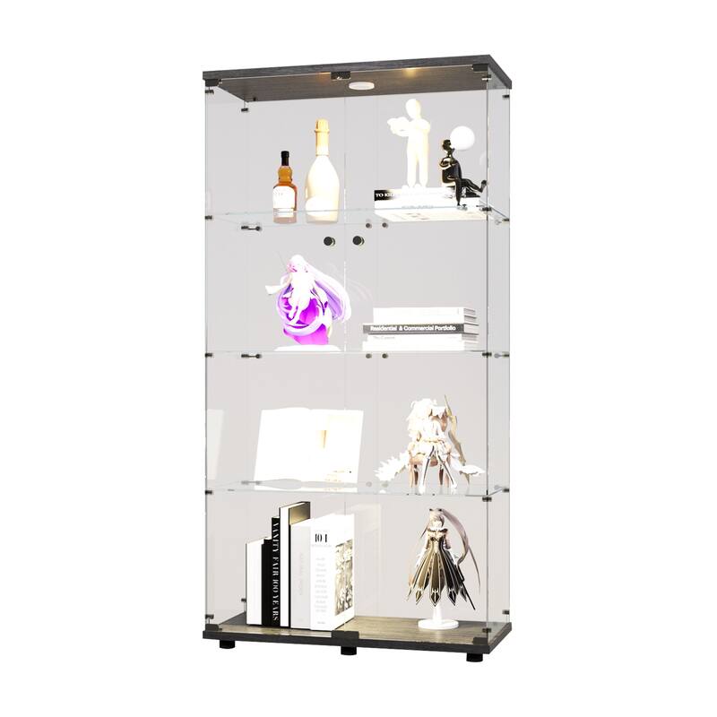 Two-door LED lights Glass Display Cabinet 4 Shelves with Door - Black