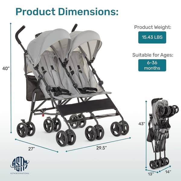 dimension image slide 3 of 4, Dream On Me Twin Venture Umbrella Stroller