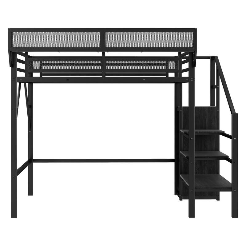High Twin Size Loft Bed with Wardrobe and Stairs