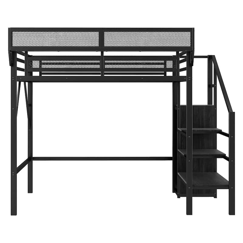 Metal Loft Bed with Wooden Stairs Built-in Storage Shelves and Wardrobe, High Loft Bed Frame with Side Grid Storage Rack