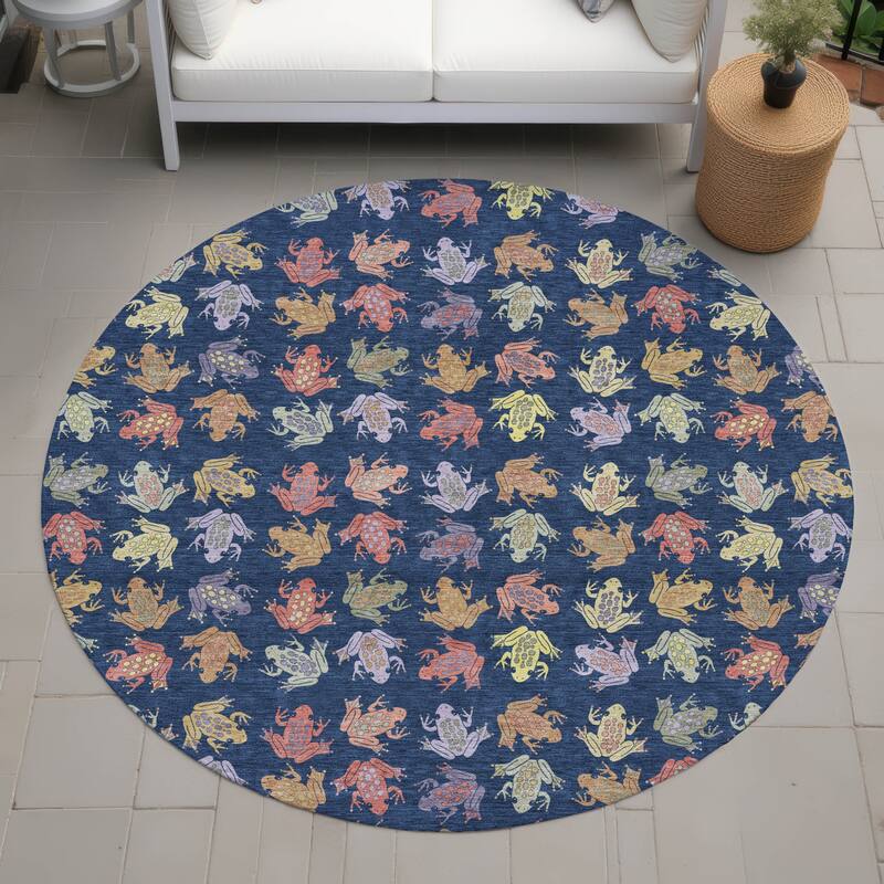 Machine Washable Indoor/ Outdoor Modern Frogs Chantille Rug - Navy - 8' x 8'