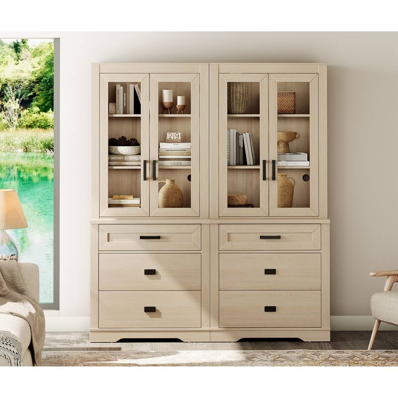 3 Tier Bookcase with Drawer,73.3" Tall Floor Standing Bookshelf - 63" - Beige