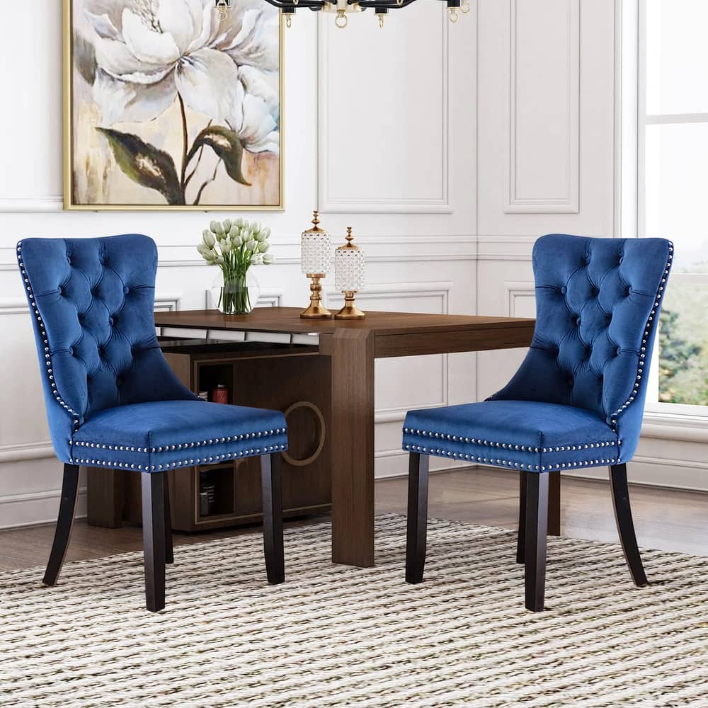 Set of 2 Velvet Upholstered Dining Chairs – Tufted Armless Side Chairs with Wood Legs for Kitchen or Dining Room