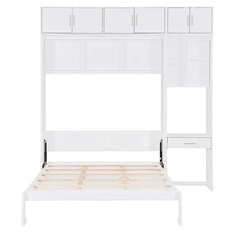 Queen Size Wall Murphy Bed with Desk, Top Cabinet and Storage Shelves, Space Saving Foldable Bed