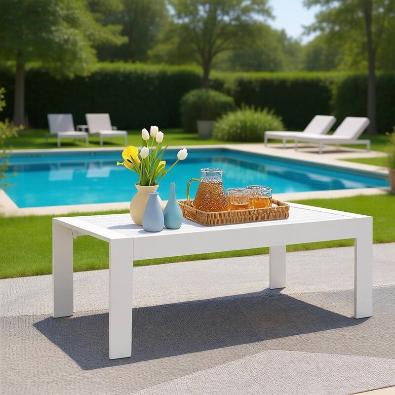 43" Aluminum Patio Coffee Table, Modern White Rectangle Table