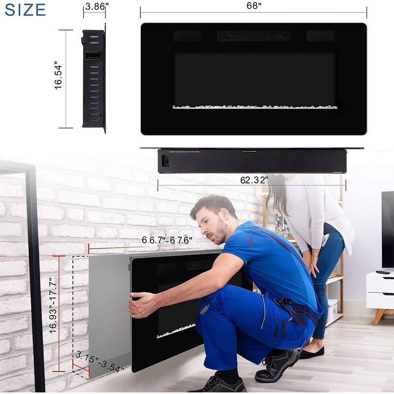 30-68" Featured Built-In Wall Fireplace with Timer / Touch Screen / Multi-Color Flame / Remote Control（750-1500W） - 68inch