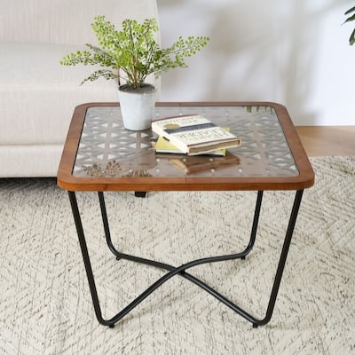 Industrial Style Square Coffee Table - Tempered Glass Top