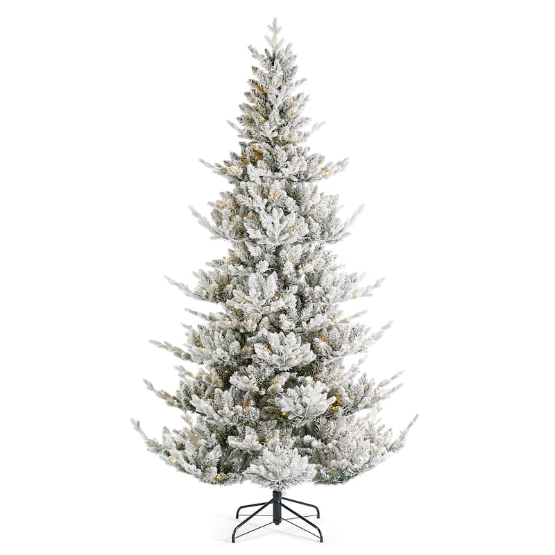 Glitzhome Snow Flocked Upward Slim Fir 7.5' or 9' Artificial Christmas Tree with LED Lights & Remote Control