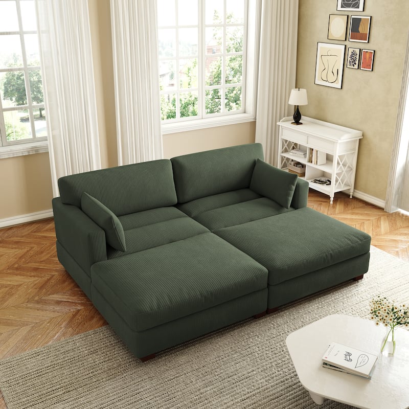 Corduroy Modular Sectional Sofa Deep Seat Corner Sofas & Ottomans - Green
