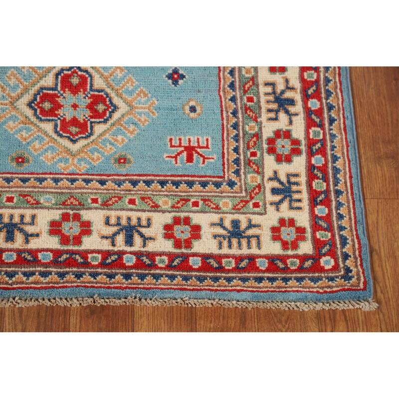 Light Blue Kazak Foyer Rug Geometric Hand-Knotted Wool Carpet - 2'8"x 4'2"