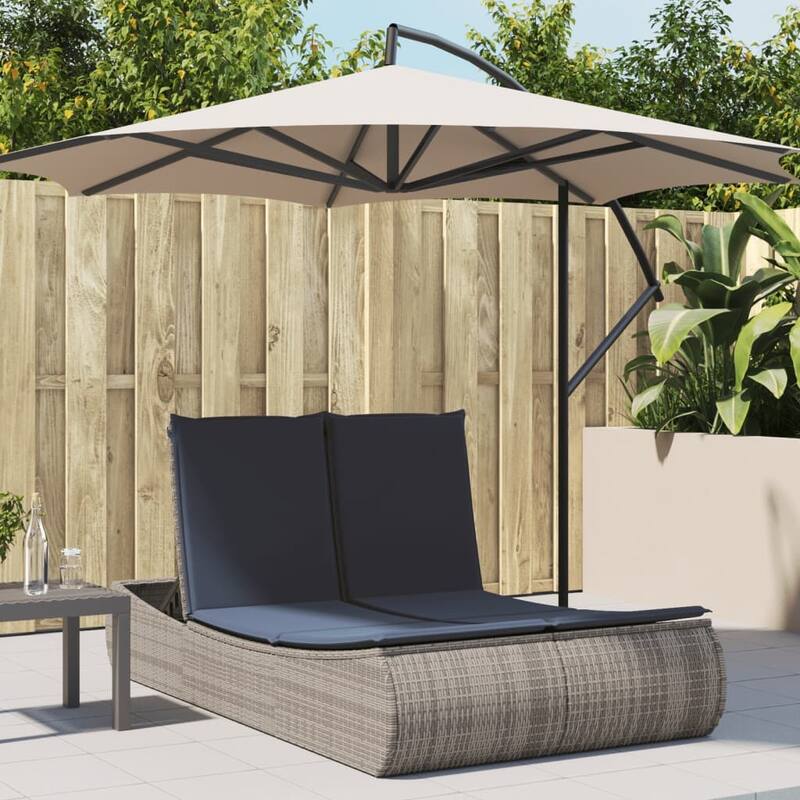 vidaXL Double Sun Lounger with Cushions Poly Rattan - 43.3" x 78.7" x 29.5" - Gray