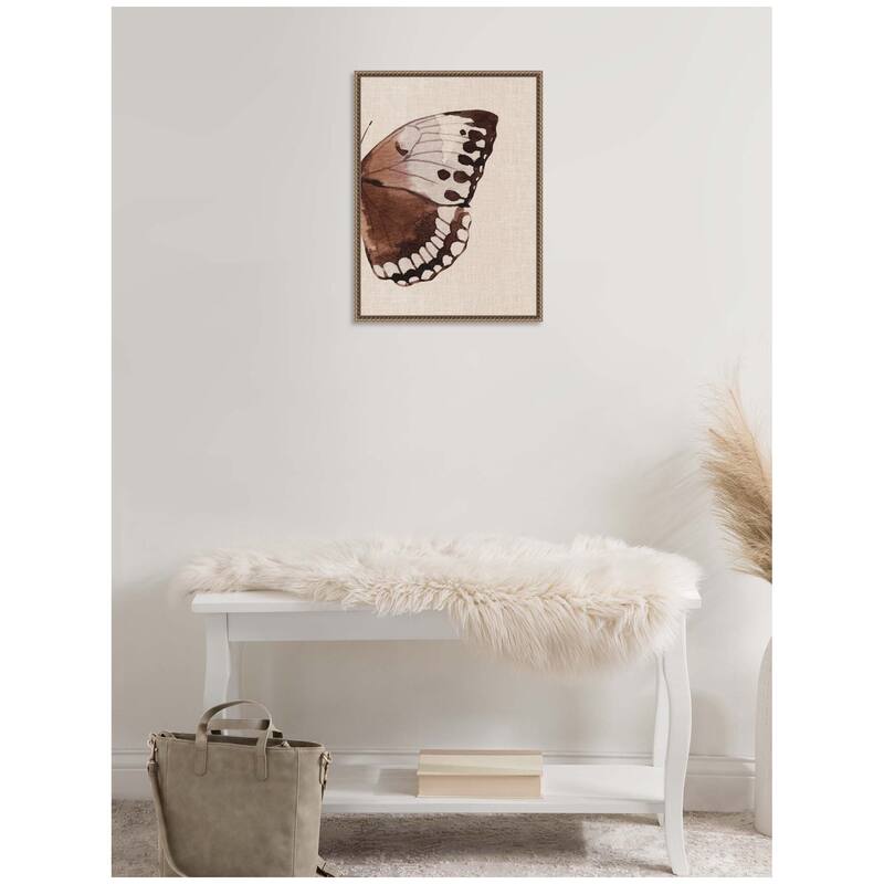 Kate and Laurel Sylvie Retro Butterfly Watercolor Diptych Neutral Burlap Right Framed Canvas by The Creative Bunch Studio