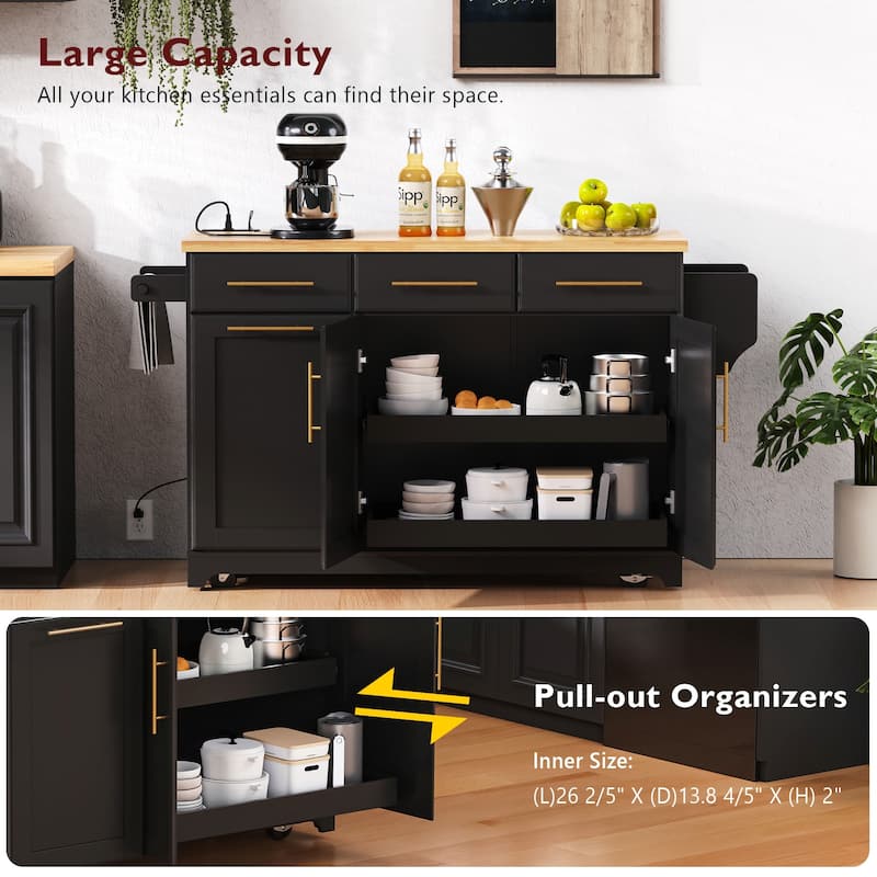 Rolling Kitchen Island Cart with 2 Pull Out Cabinet Organizers, Drop Leaf, Trash Can Storage, Power Outlet, Spice, Towel Rack