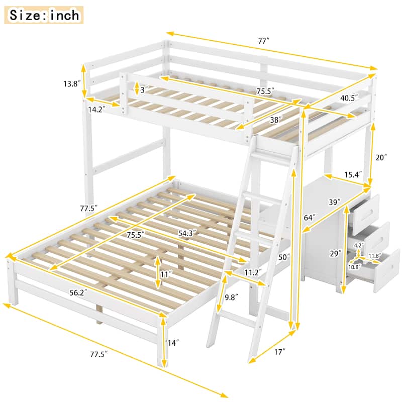 Bunk Bed with Built-In Desk and 3 Drawers