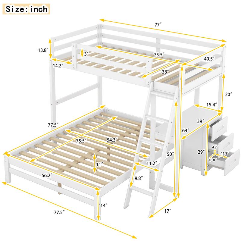 Twin Over Full Bunk Bed with Built-in Desk and Three Drawers, White