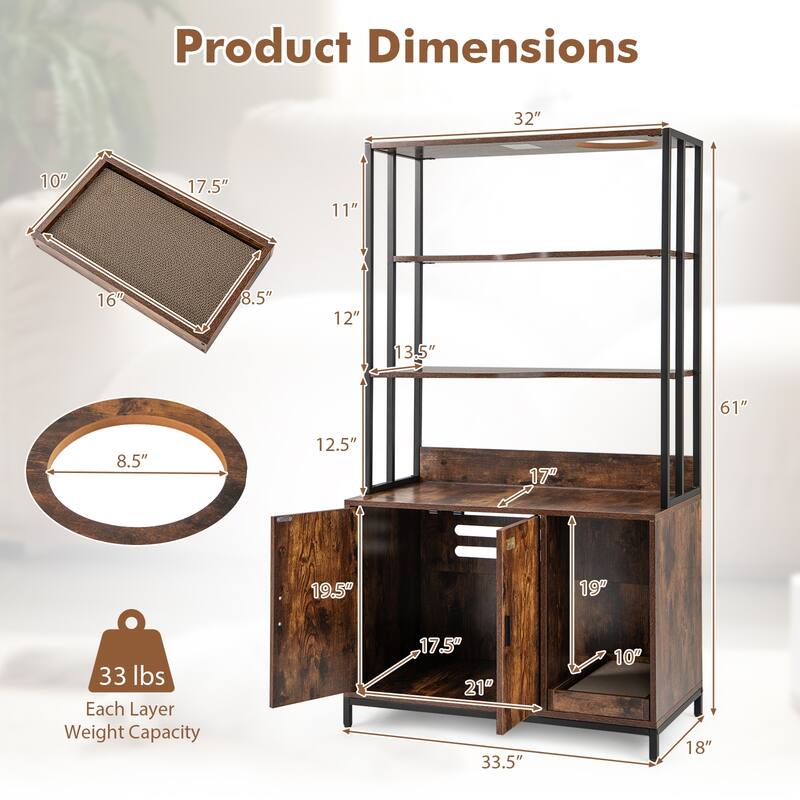 Cat Litter Box Cabinet with Storage Space & 3-Tier Shelves, Modern Design - 33.5" x 18" x 61"