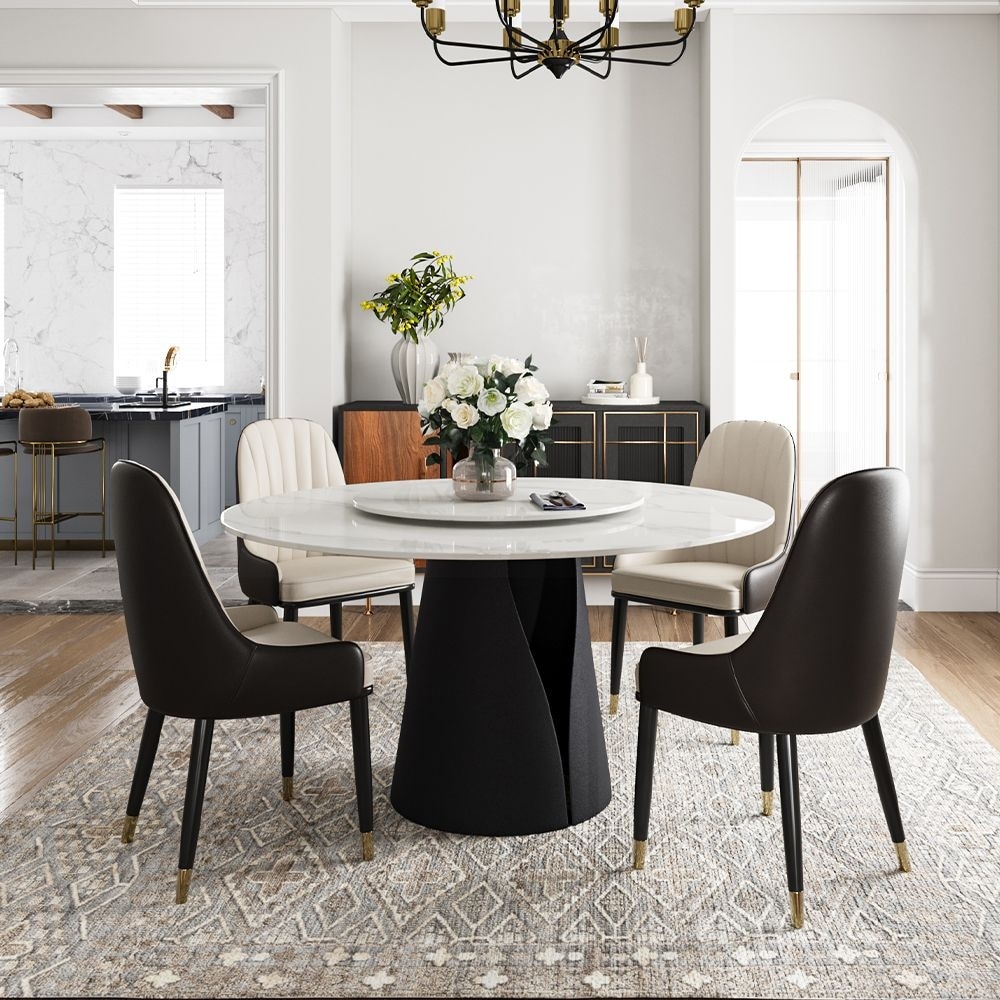 Modern Round White Dining Table，Sintered Stone Tabletop, Solid Black Carbon Steel Base