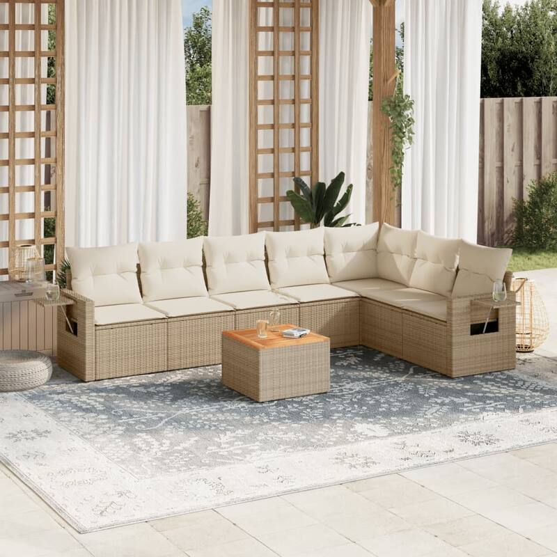 vidaXL Garden Sofa Set 8 Piece with Cushions Outdoor Sofa Set Poly Rattan - 21.7 x 21.7 x 14.6 in (W x L x H) - Beige and Cream