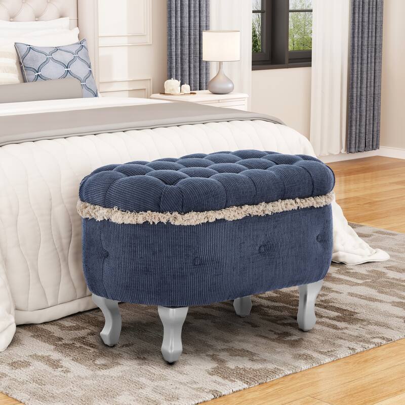 GDF Studio - Aurelia 29.5" Tufted Upholstered Storage Bench with Fringe and Ottoman Seat - Blue