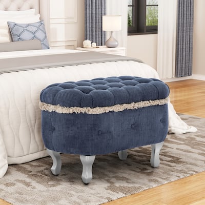 Roomfitters Upholstered Storage Bench with Button Tufted Top, End of Bed Bench with Fringe and Curved Legs