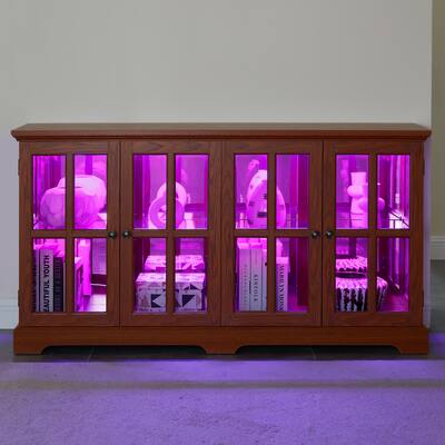 Vintage OAK LED Curio Display Cabinet - Antique Four-Door Glass Showcase with Adjustable Shelves.