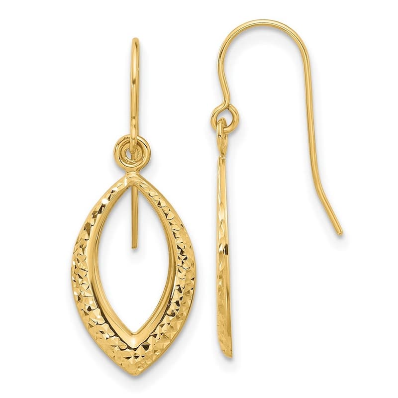Curata 14k Yellow Gold 28x11mm Diamond-cut Marquise Dangle Hook Earrings