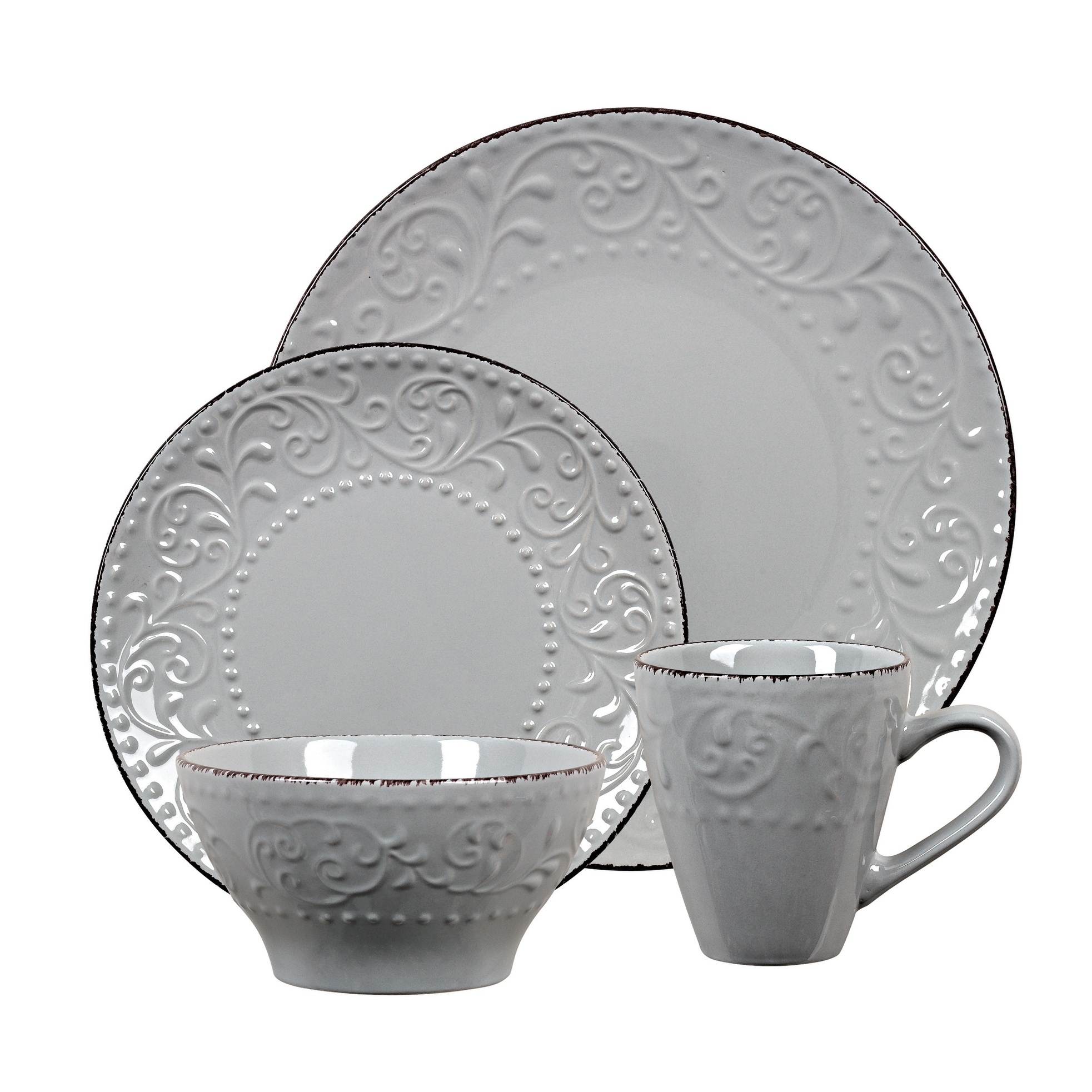 Lorren Home Trends 16 Piece Stoneware Scroll Dinnerware Set-Gray