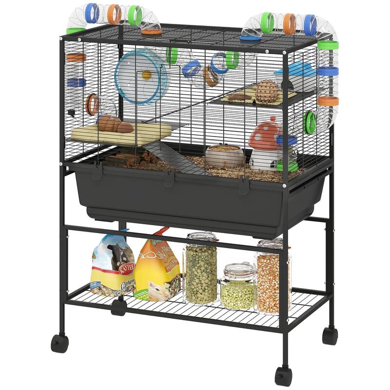 Three-Tier Hamster Tank with Wheels, Storage Shelf and Accessories - 32.3" L x 17.7" W x 41.9" H