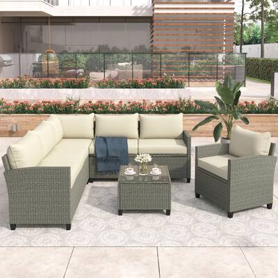 Oaks Aura Patio Furniture Set, 5 Piece Outdoor Wicker Conversation Sofa Set, with Coffee Table, Cushions and Single Chair