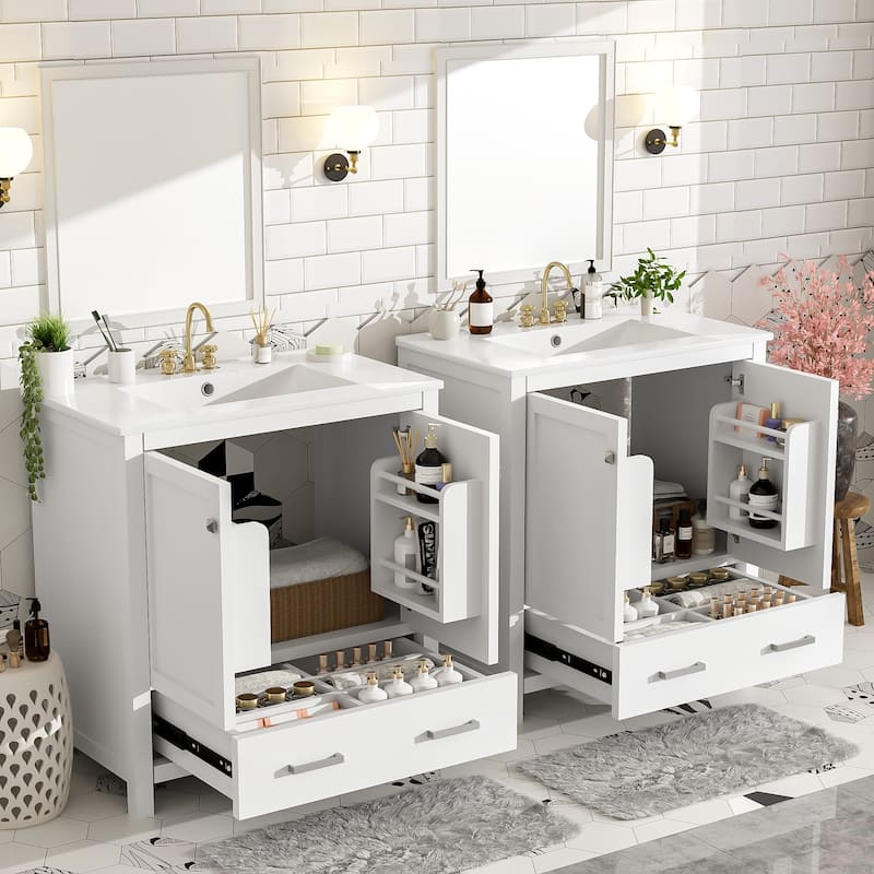 60" Bathroom Vanity Set with Double Freestanding Vanities, Double Ceramic Sinks, Door Organizers and Divided Drawers