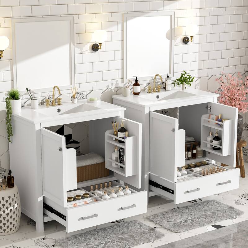 60"Bathroom Vanity Set with Double Vanities (Separate), Double Ceramic Sinks, Storage Shelf, and Divided Drawers