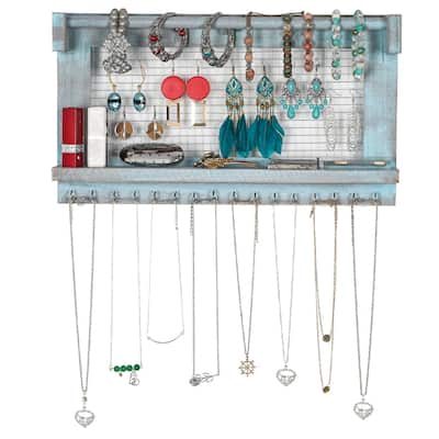 Wall Mounted Jewelry Stand With Bracelet Bar Shelf And 16 Hooks