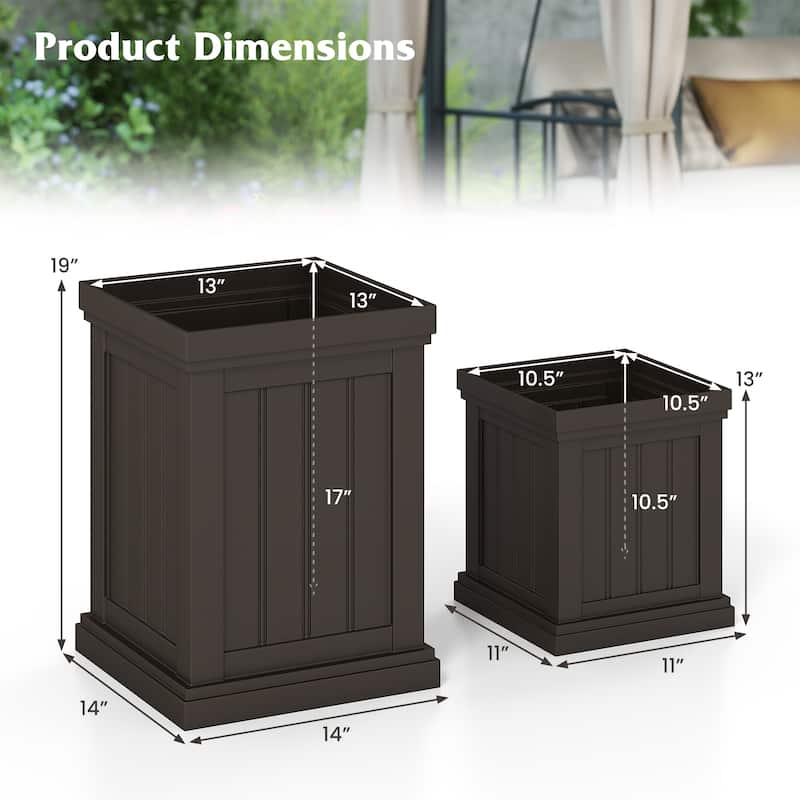 Brown PP Planter Set of 2 with Drainage Holes Stackable Indoor Outdoor - 14" x 14" x 19"