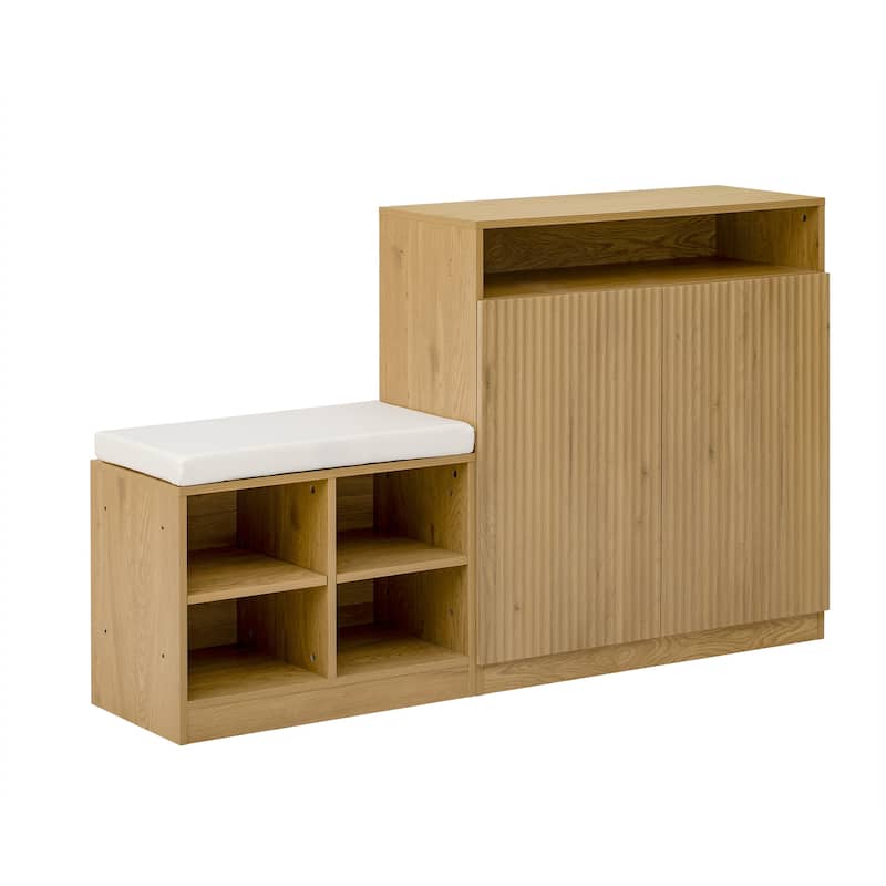 Livingroom Cabinet with Shoe Bench, 2 Doors and 3-Tier Adjustable Shelves, Entryway Bench with 4 Open Shoe Racks
