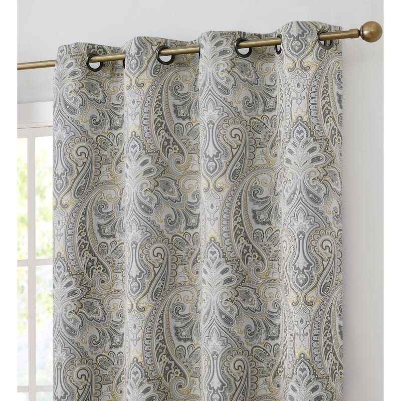 HLC.me Paris Paisley Print Light Reducing Filtering Grommet Window Curtain Panels - Set of 2 - 50 W x 72 L per panel - Pair - Grey/Yellow