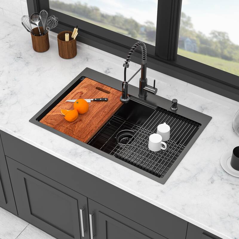 33" Drop-in Workstation Gunmetal Black Kitchen Sink with Pull-out Faucet and Soap Dispenser - Single Bowl 16 Gauge