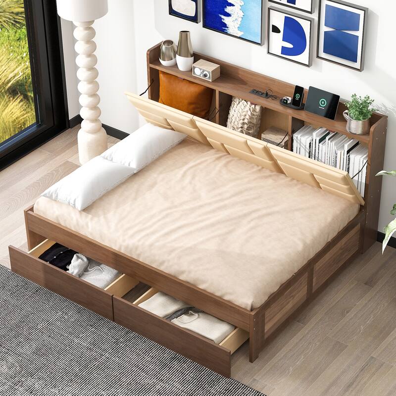 Full Size Wood Daybed with Upholstered Headboard, USB & Drawers
